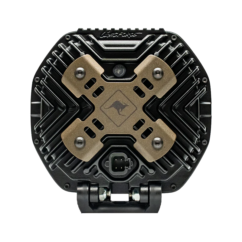 Rear of a Lightforce BEAST 230mm driving light showing the finned alloy housing, bronze X-shaped bash plate with kangaroo emblem, 4-pin waterproof connector and mounting bracket