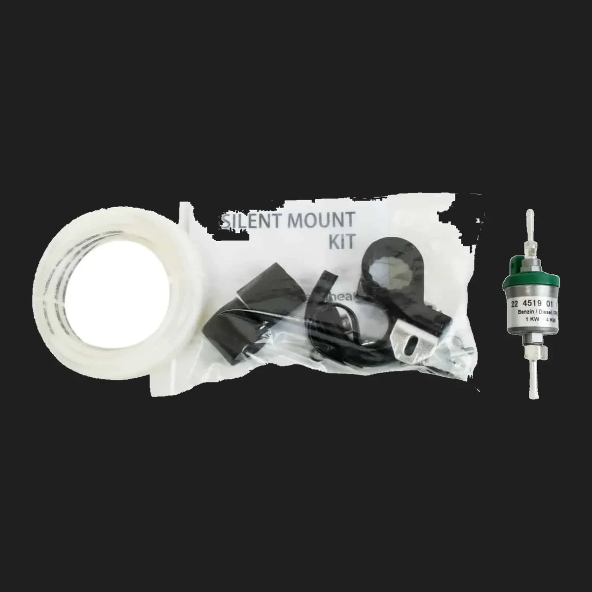 Silent mount kit with components on a white background – Belief 2.2kW Diesel Air Heater Full Installation Kit (12V) – ALT SP MODEL
