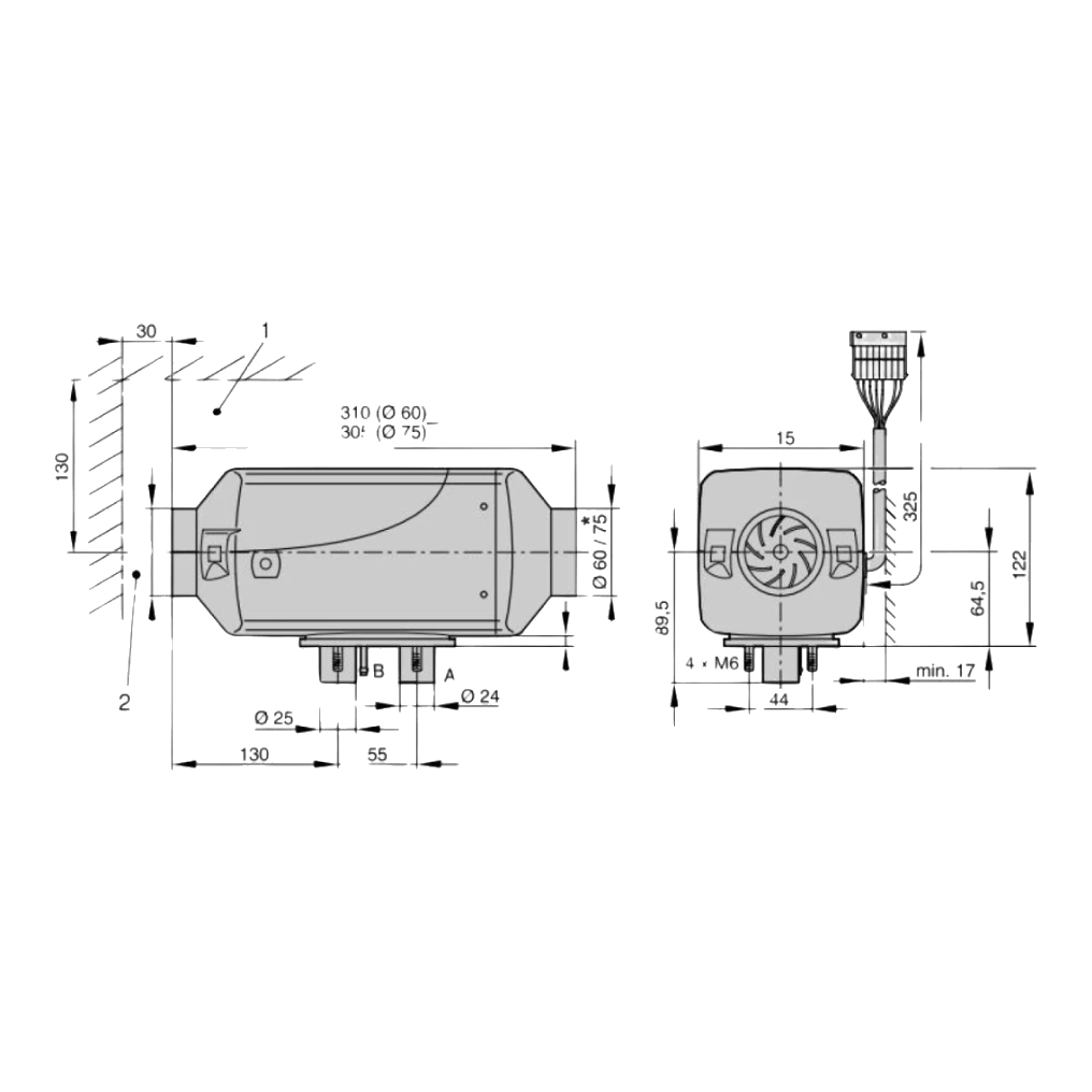 Technical drawing of the Belief 2.2kW Diesel Air Heater Full Installation Kit (12V) – ALT SP MODEL with dimensions on a white background