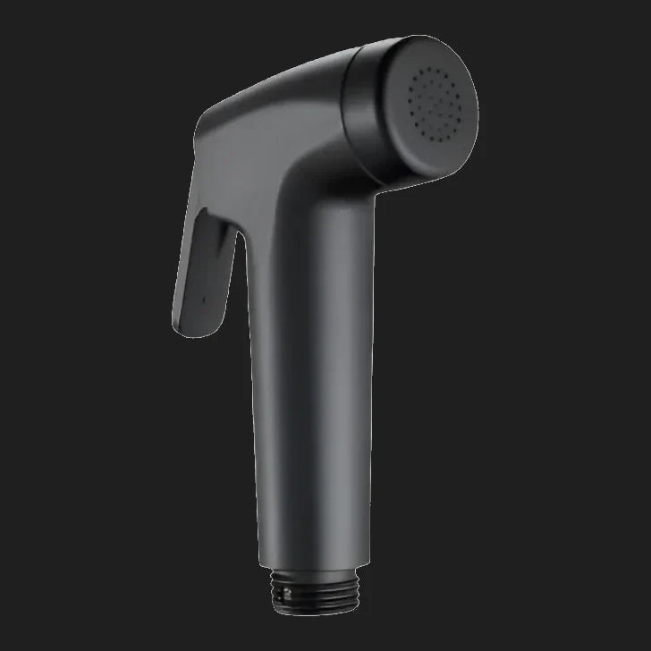 Black bidet spray nozzle, a moulded handle with a trigger lever and a perforated spray face, with a threaded hose connection at the base