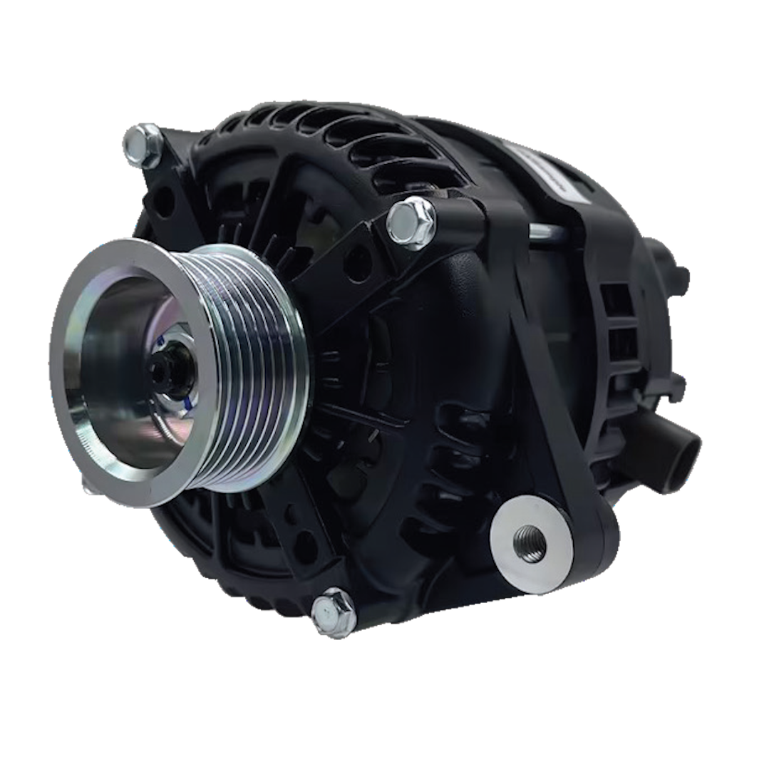 Black Series BKS-240DMAX 240A alternator, three quarter view showing the black housing and the 7PV fixed pulley