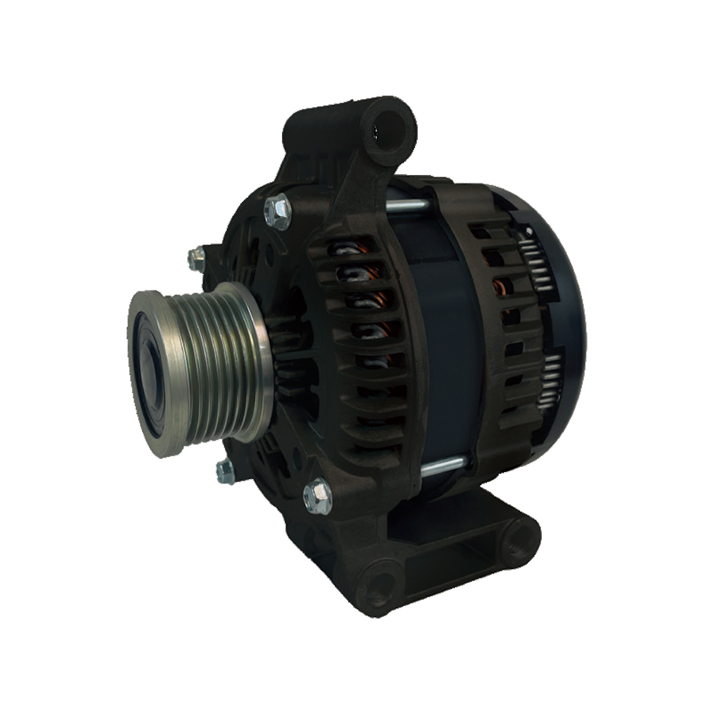 Black Series 240A alternator seen from the pulley end at an angle, the multi-groove pulley on the front with the cast mounting lugs and vented black housing behind
