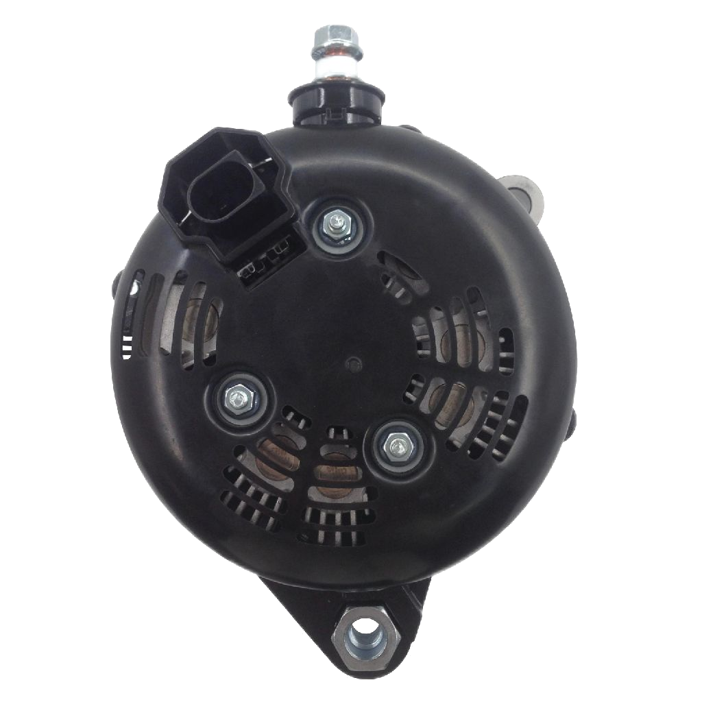 Rear view of the Black Series BKS-240TP alternator showing the rear entry regulator, the B plus terminal stud and the LIN connector plug