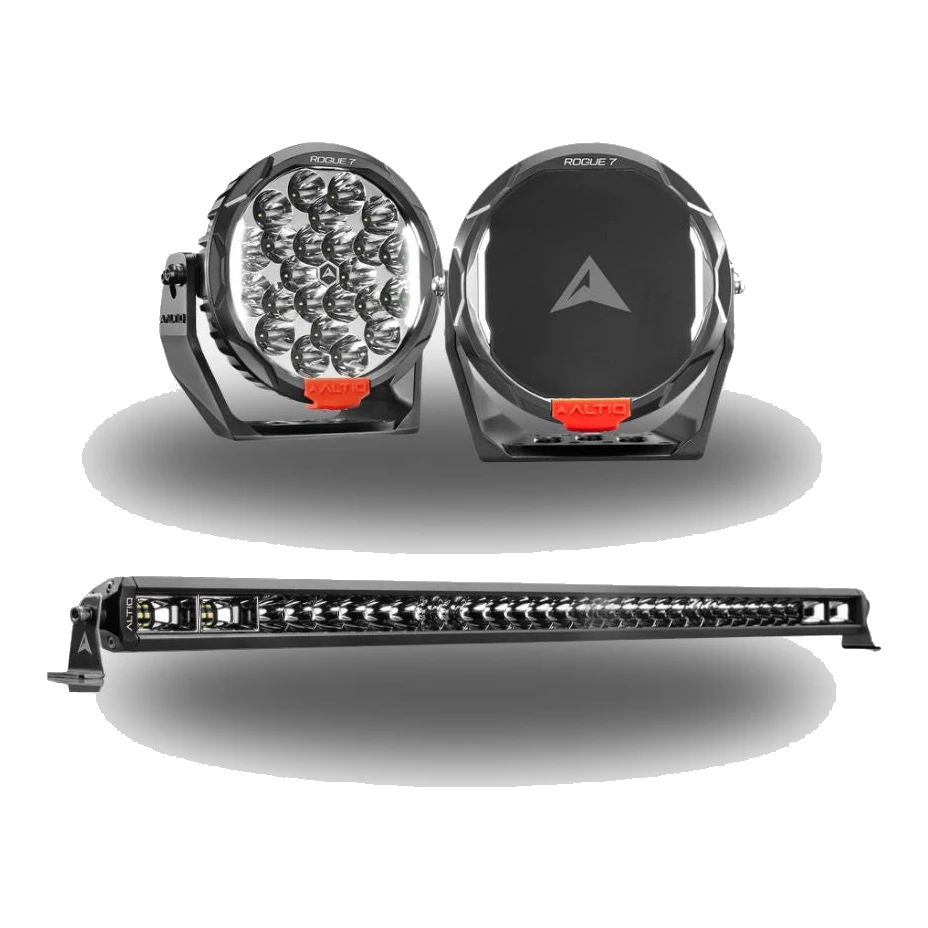 Altiq Rogue 7" Mk3 LED driving light bundle: pair of 7" driving lights above a hybrid single-row LED light bar in black housing