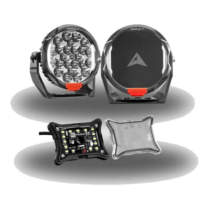 Altiq Rogue 7" Mk3 LED driving light bundle: pair of 7" driving lights above a Spectrum Pro RGB-W rock light pod shown with LED board and clear lens cover separated