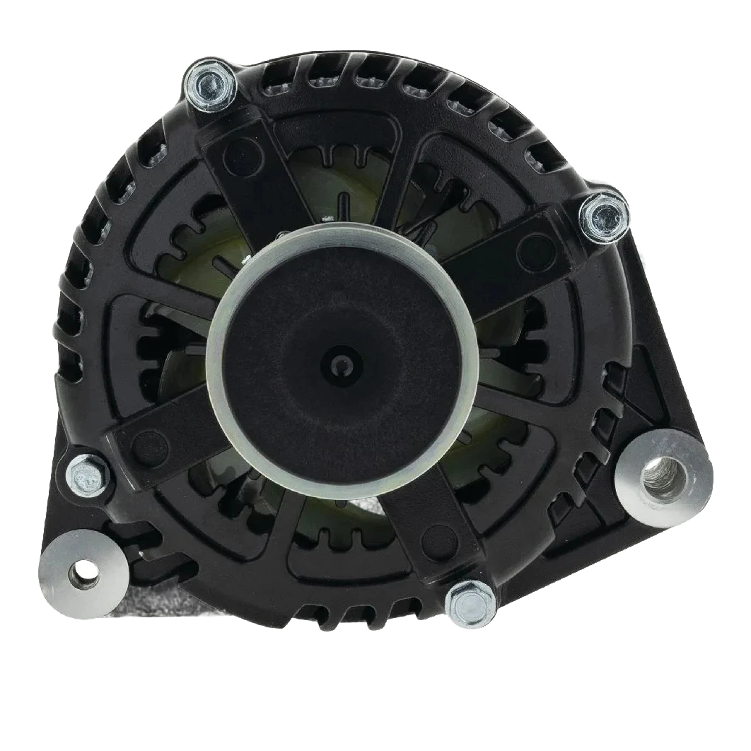 Black Series alternator seen square on to the pulley, the wide grooved pulley centred in the vented black housing with the mounting lugs at the corners