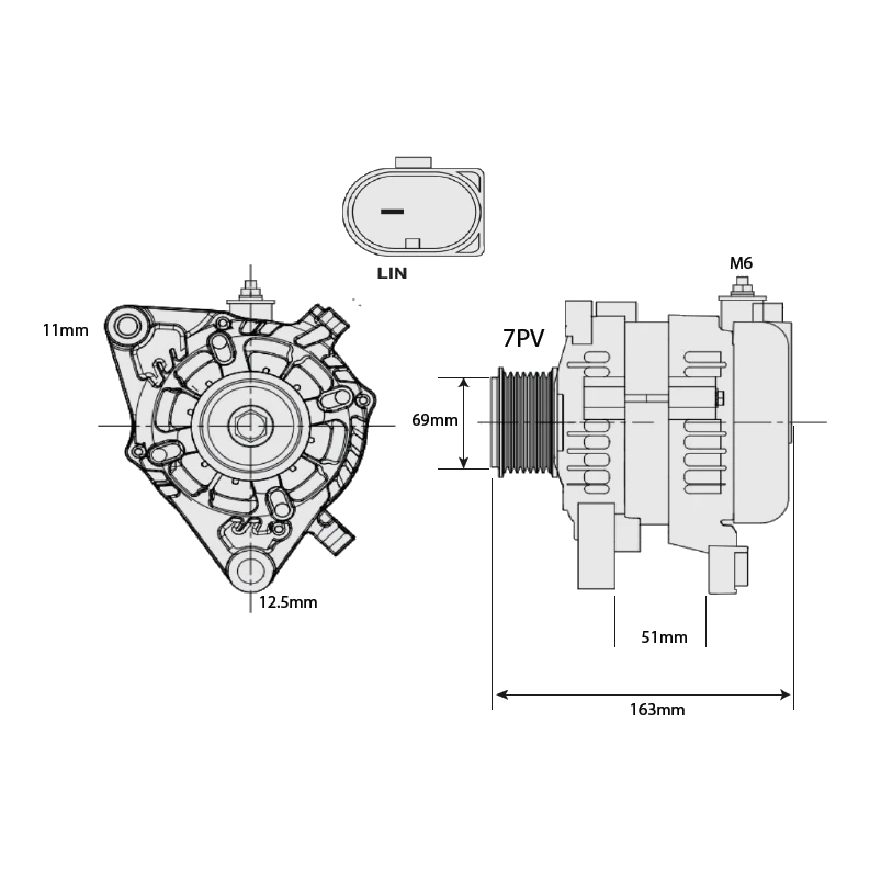 Dimensioned drawing of the BKS-240TP showing the 7PV pulley, mounting hole sizes, 163mm overall length and the LIN plug – Black Series ALT 12V 240A, TOYOTA PRADO, HIACE, LC76/78/79 1GDFTV, 2GDFTV