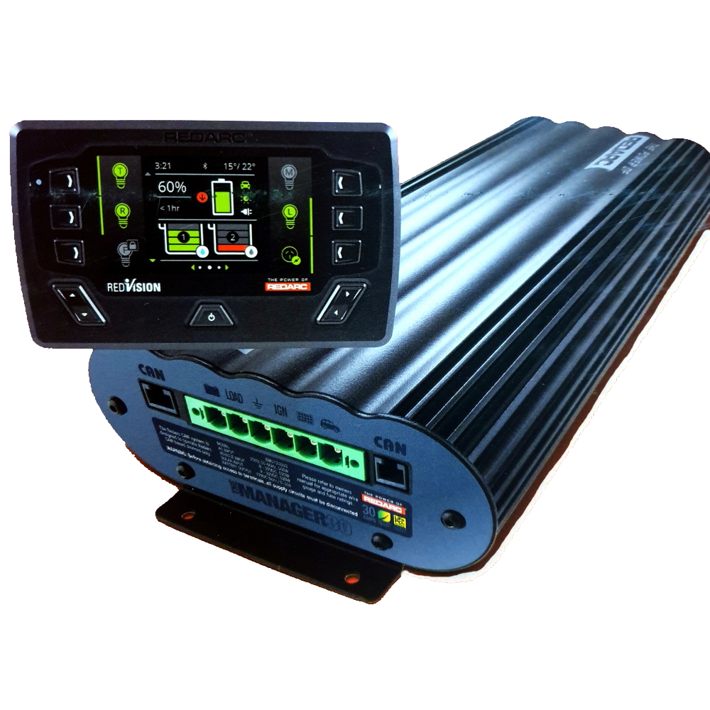 Redarc Manager30 BMS1230S3R battery management system with monochrome RedVision remote display showing 30A DC-DC + AC + solar inputs, Elevate Automotive