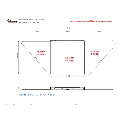 Technical drawing of a 180 XT MAX awning with dimensions and coverage details.
