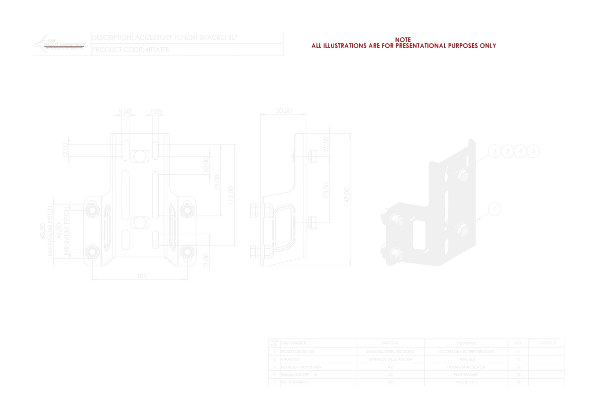 Technical drawing of a tent bracket set with dimensions and specifications.