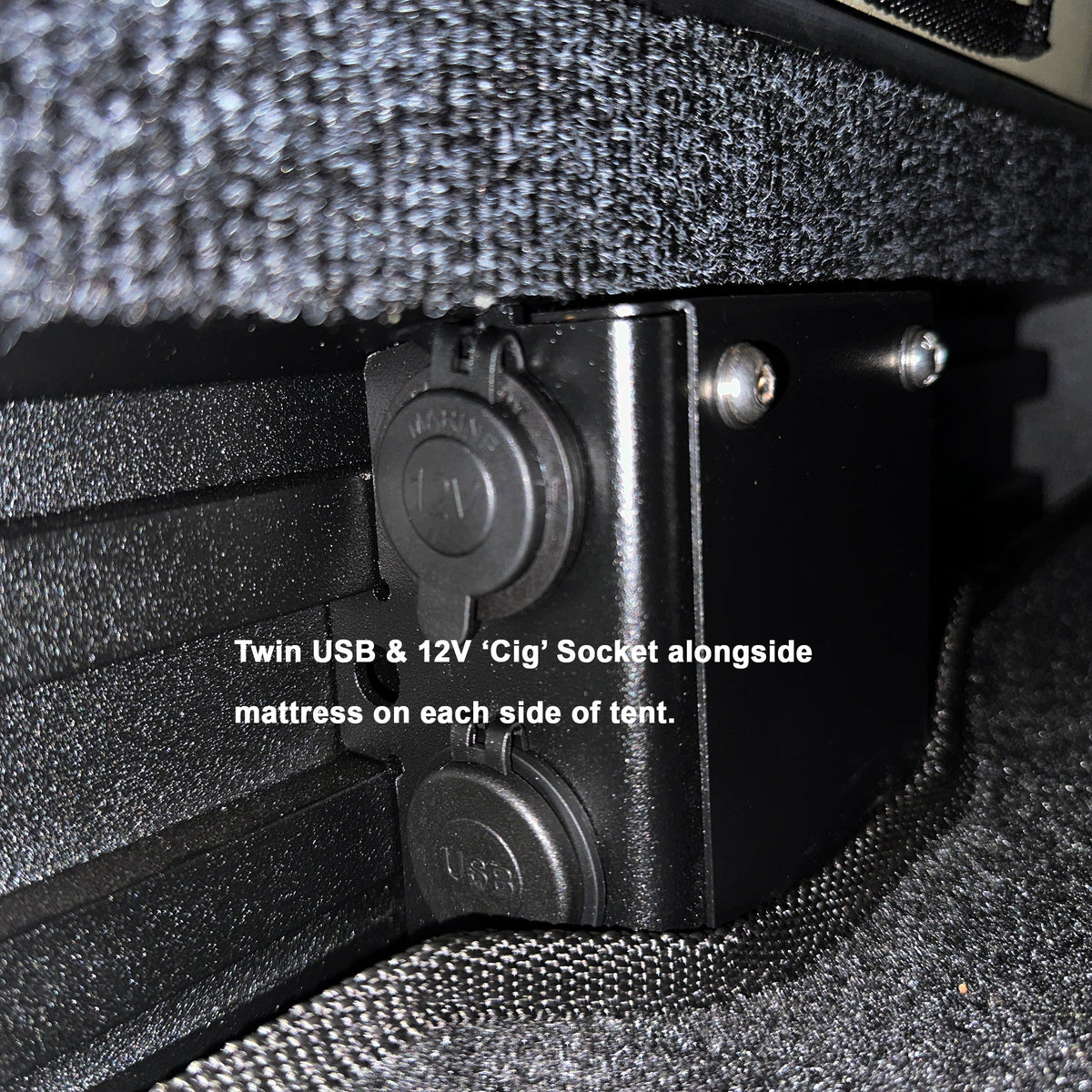 Bush Company AX27 12V socket and twin USB ports beside the mattress