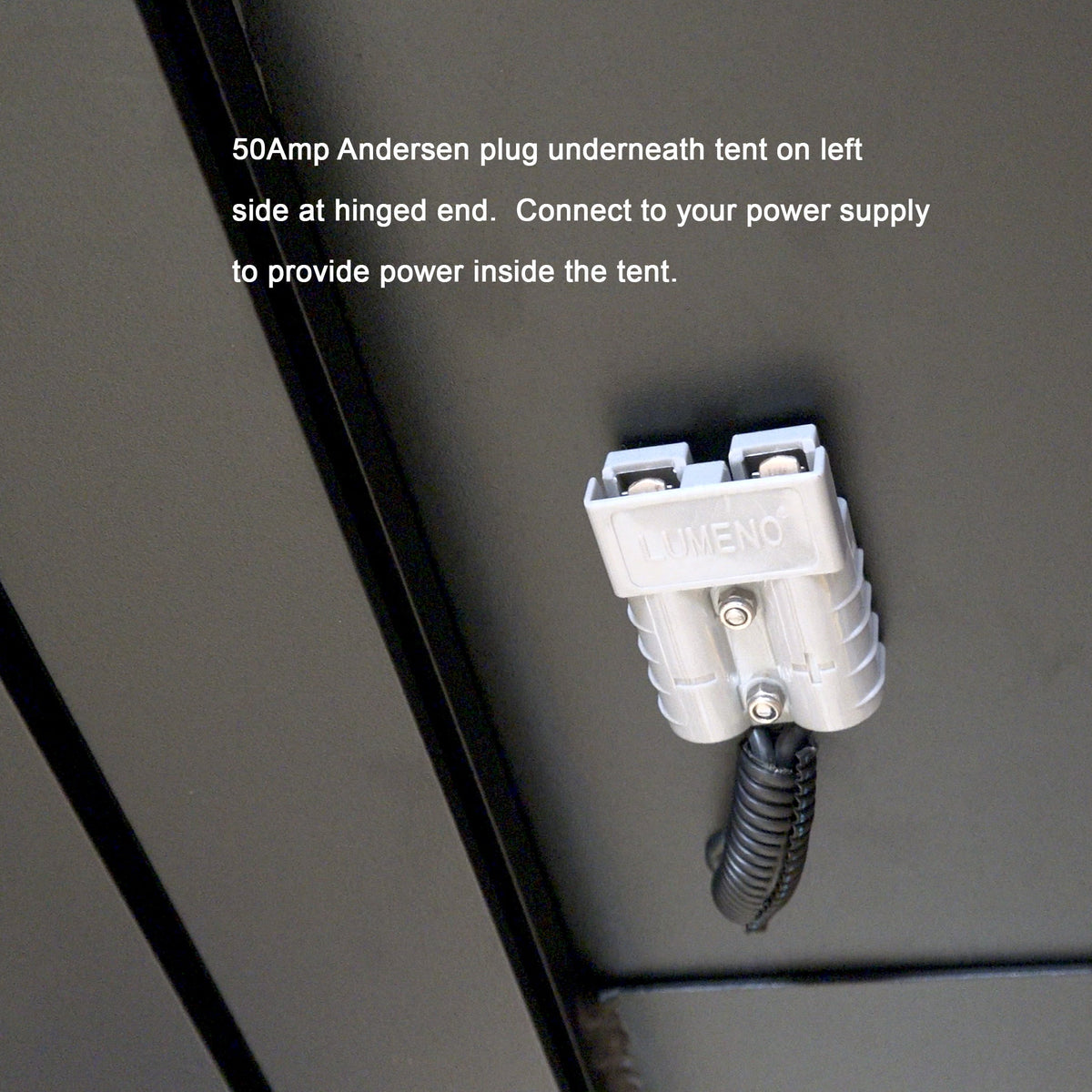 Bush Company AX27 50A Anderson plug under the tent for powering it from the vehicle