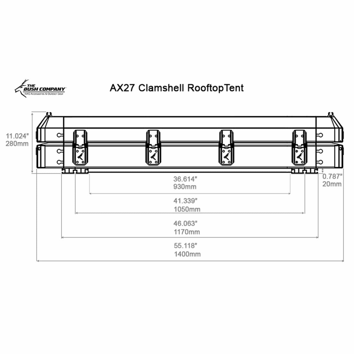 Bush Company AX27 clamshell rooftop tent side-view drawing with dimensions and mounting channel spacing