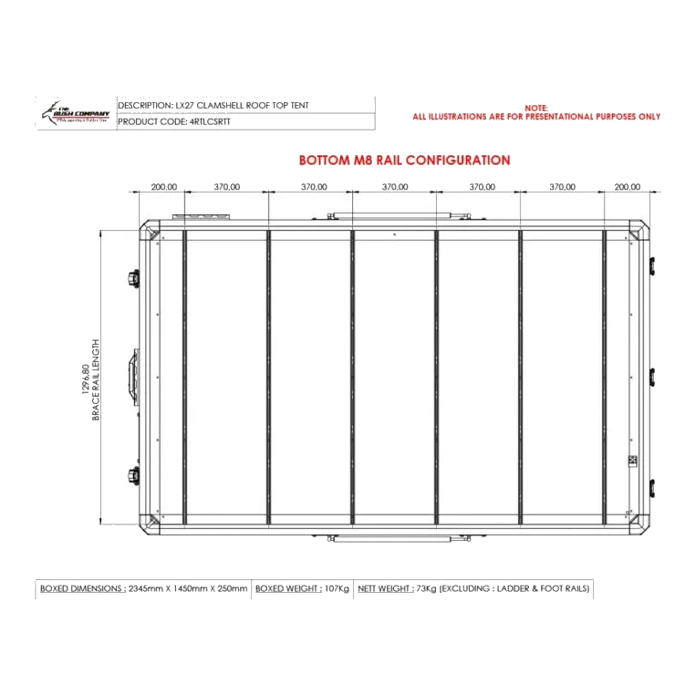Technical drawing of a roof top tent with dimensions and rail configuration
