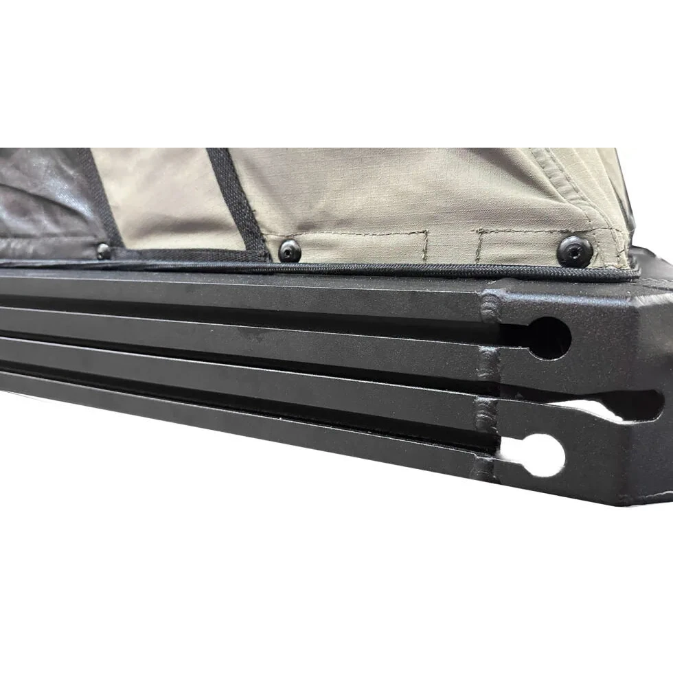 Close-up of a black metal bar with a beige fabric background – Bush Company LX27 Gen2 Lightweight Clamshell Rooftop Tent