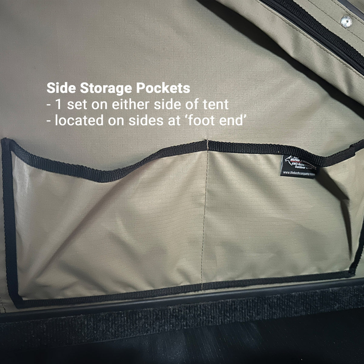 Large canvas storage pouch on the inside wall of the Bush Company TX27