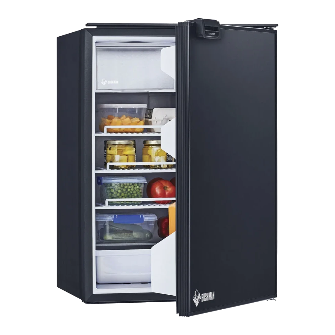 Bushman DC130-X at an angle with the door open and shelves stocked with food and drinks