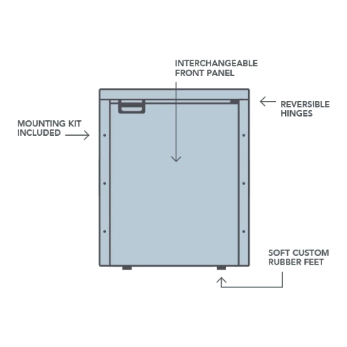 Diagram of a Bushman DC-X series upright fridge labelling the interchangeable front panel, reversible hinges, included mounting kit and soft custom rubber feet