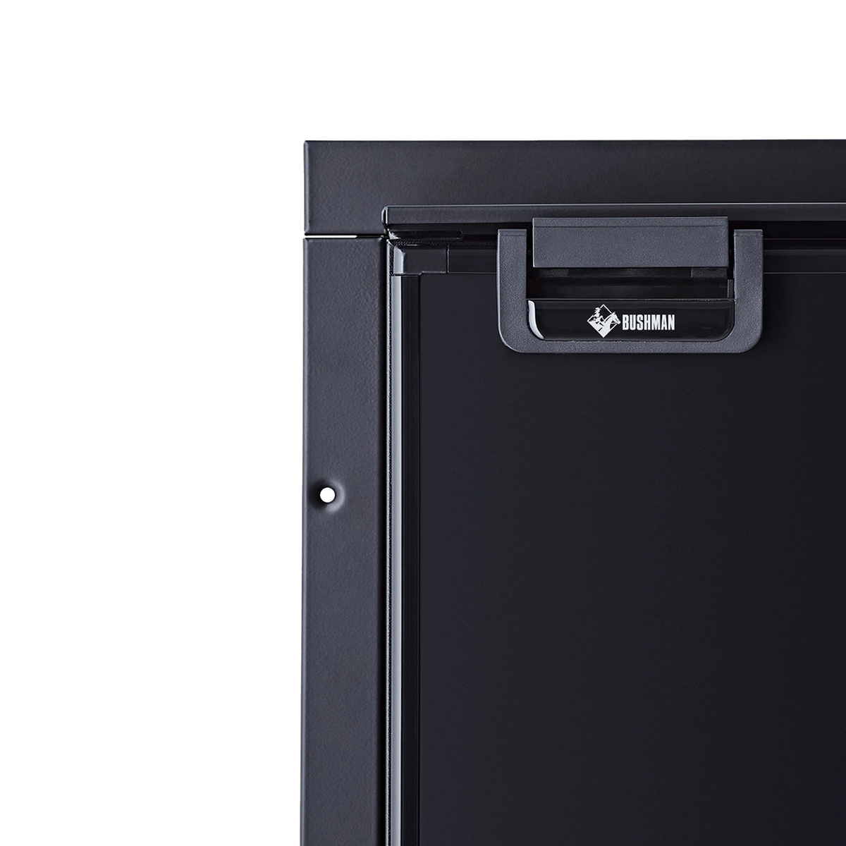 Close up of the Bushman DC130-X top corner showing the recessed door handle with Bushman badge, the door seal and the mounting flange
