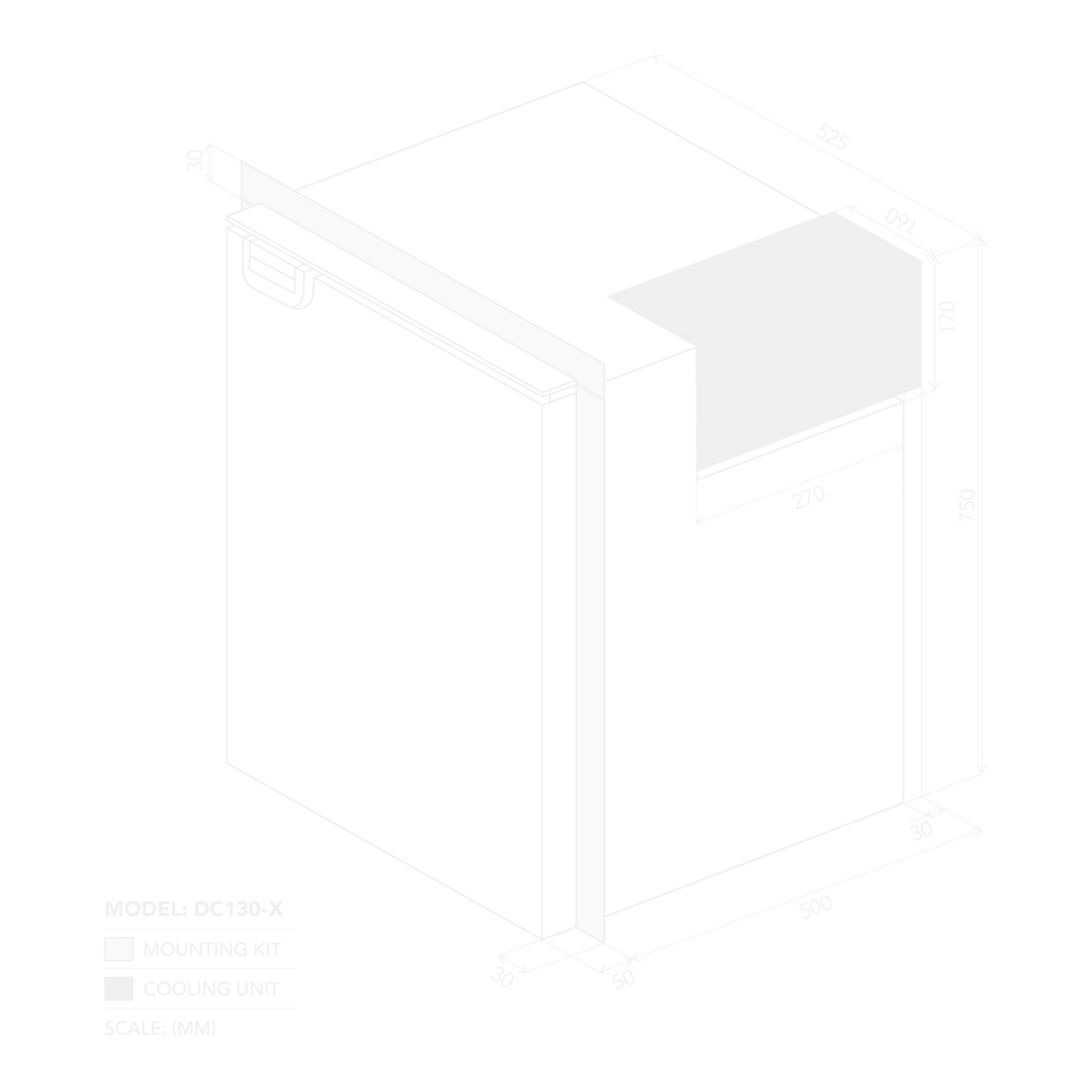 Bushman DC130-X dimensions drawing showing external height, width and depth alongside the minimum cabinet cut out sizes