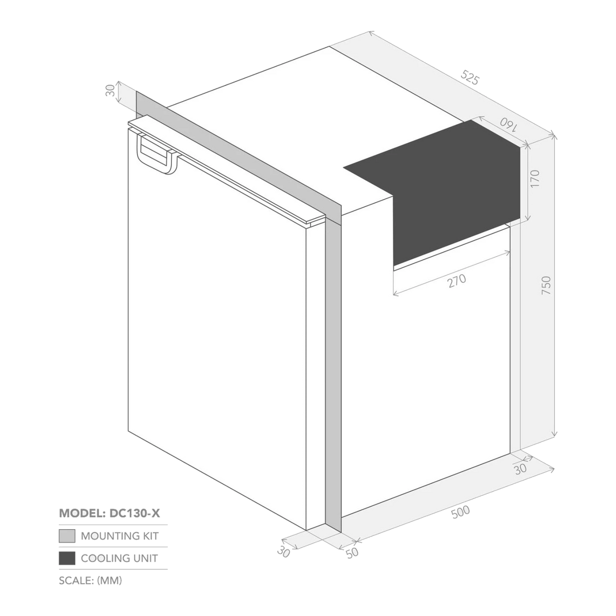 Bushman DC130-X dimensions drawing showing external height, width and depth alongside the minimum cabinet cut out sizes
