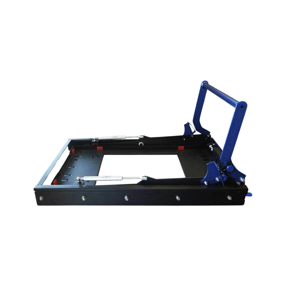 MSA drop slide with no fridge fitted, seen side on with the tray dropped and the blue handle raised, showing the twin gas struts, the slide rails and the mounting frame