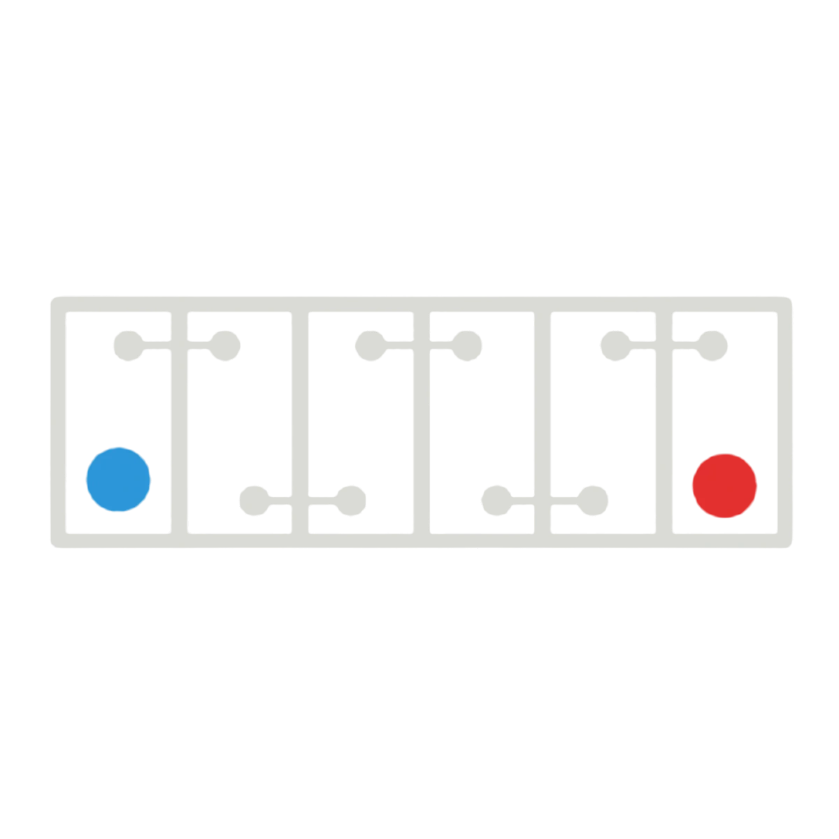 Polarity diagram of a six-cell 12 volt battery seen from above, negative terminal (blue) at the left and positive (red) at the right, 12 Volt C polarity – Century battery
