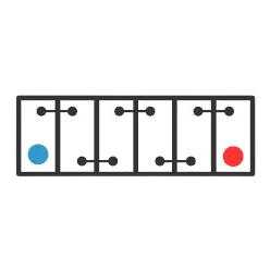 Polarity diagram of a six-cell 12 volt battery seen from above, positive terminal at the left and negative at the right, labelled 12 Volt C Polarity – Century battery