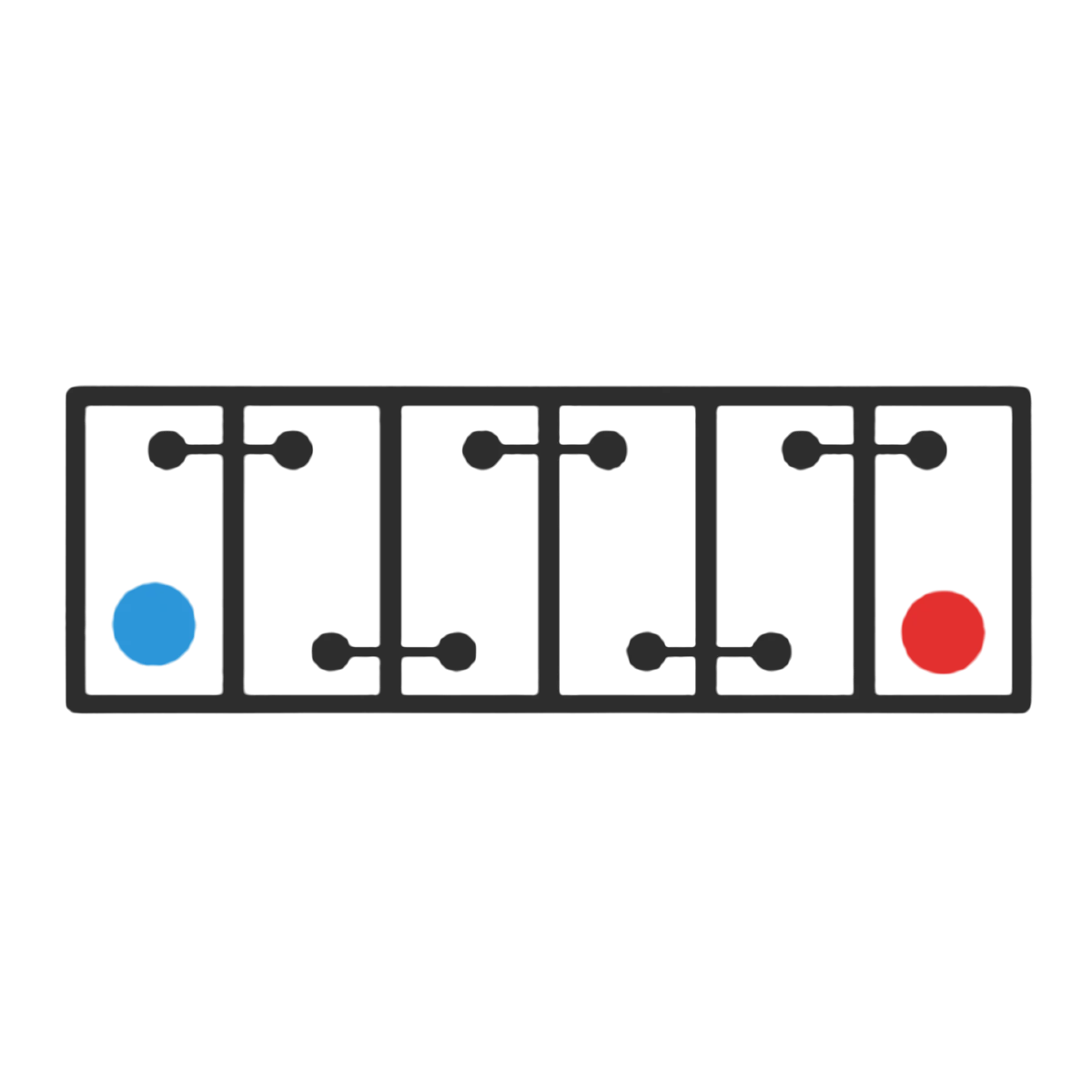Polarity diagram of a six-cell 12 volt battery seen from above, negative terminal (blue) at the left and positive (red) at the right, 12 Volt C polarity – Century battery