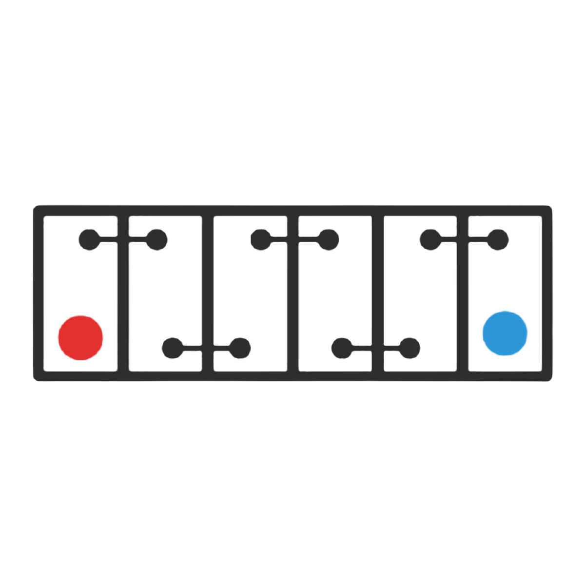 Polarity diagram of a six-cell 12 volt battery seen from above, positive terminal (red) at the left and negative (blue) at the right, 12 Volt D polarity – Century battery