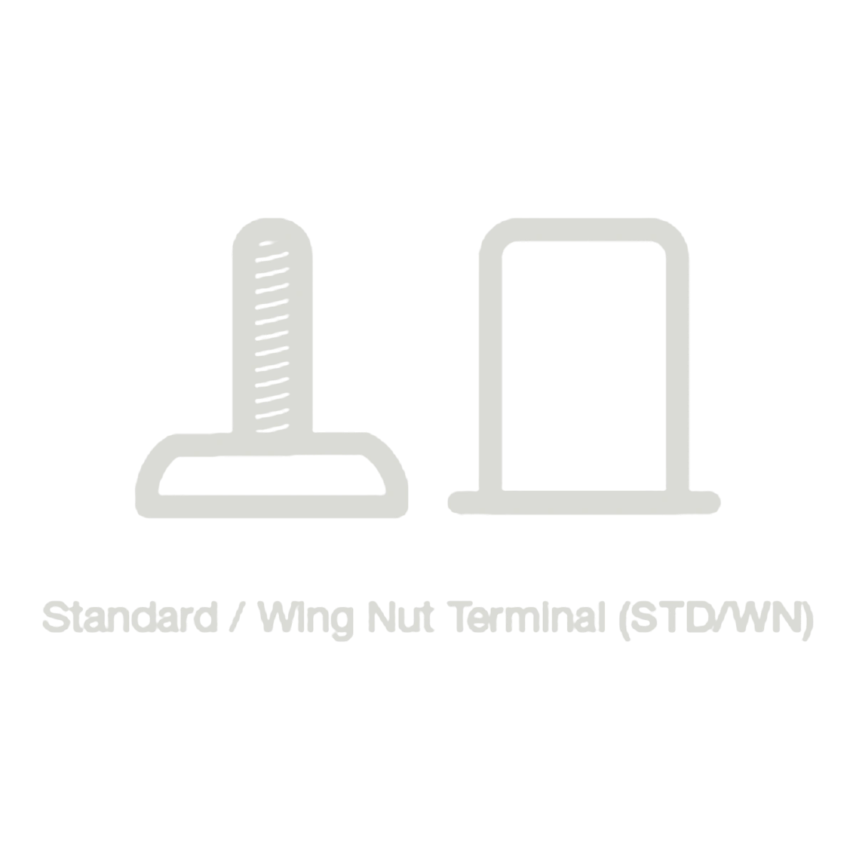 Line drawing of a threaded battery post beside a wing nut, labelled Standard / Wing Nut Terminal (STD/WN) – Century battery