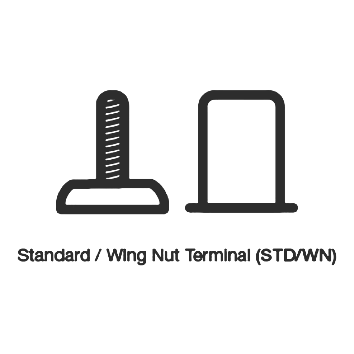 Line drawing of a threaded battery post beside a wing nut, labelled Standard / Wing Nut Terminal (STD/WN) – Century battery