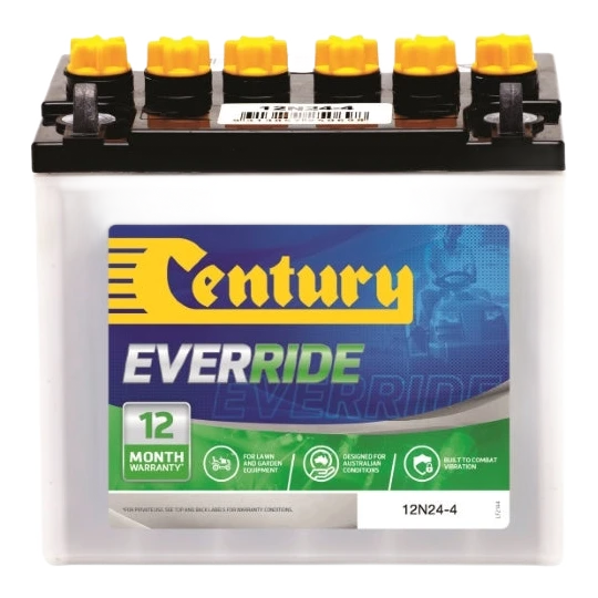 Century EverRide 12N24-4 maintainable 12V ride-on mower battery, 240 CCA, 24Ah, black case with lug terminals in D-polarity layout