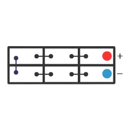 Polarity diagram of a 12 volt battery with terminals along one long side, positive at the top right and negative below it, labelled 12 Volt – F Polarity – Century Heavy Duty battery