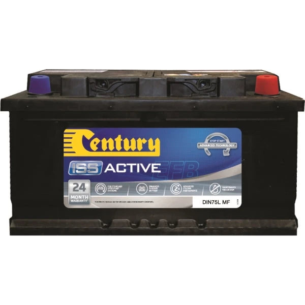 Century DIN75L EFB stop-start battery, three-quarter view showing carry handles and standard tapered terminals