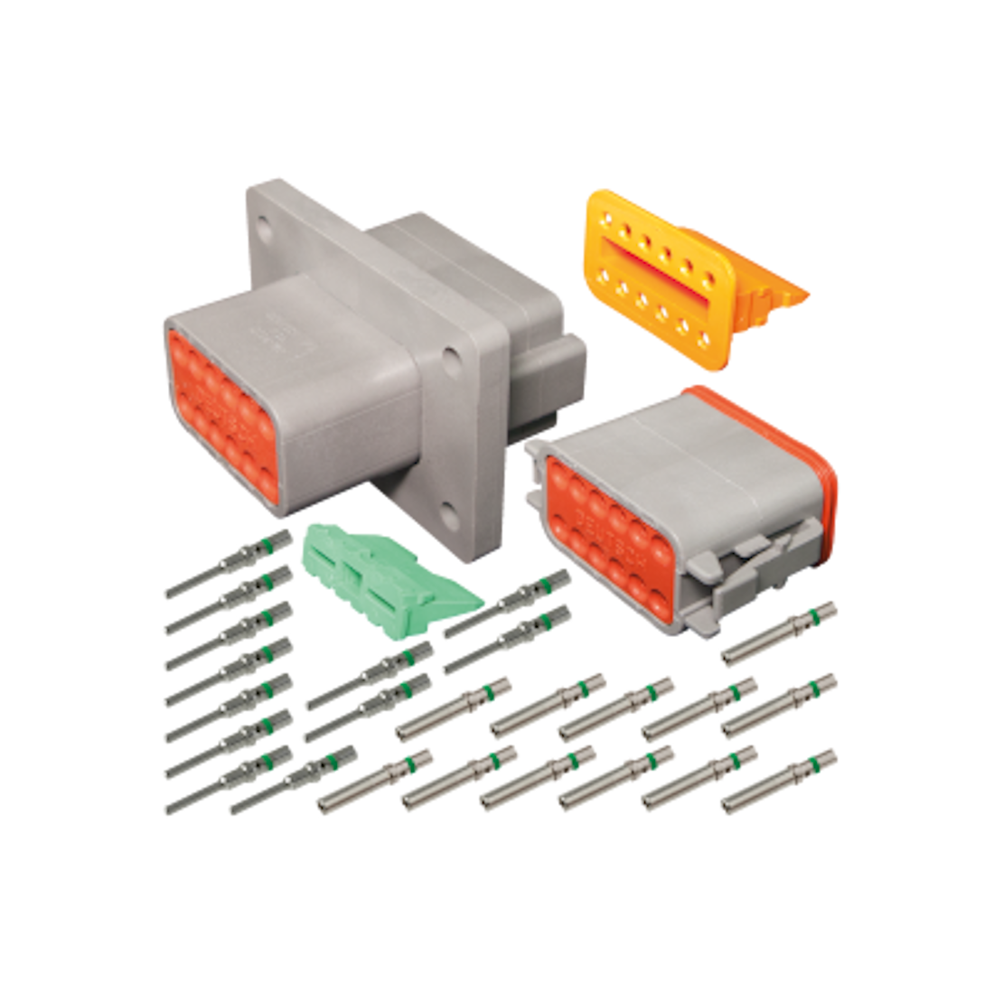 The 12-circuit Deutsch DT connector kit laid out: the grey flange-mount receptacle and matching plug with orange seals, a yellow wedge lock, a green wedge lock, and the full set of solid pins and sockets