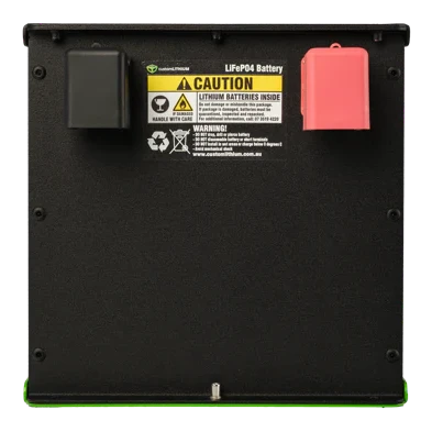 Black battery pack with warning label