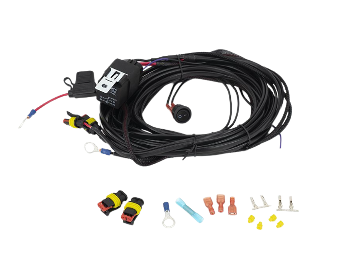 An assortment of Lazerlamps wiring kits including various connectors, cables, a relay, and fuses.