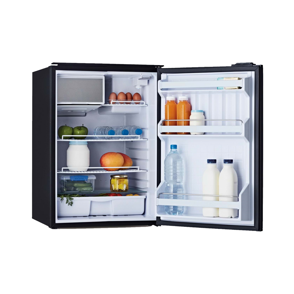 Bushman DC130-X with the door fully open, showing the freezer, adjustable wire shelves stocked with food, the crisper tub and deep door balconies holding milk and bottles