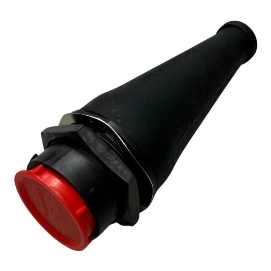 Black moulded rubber boot fitted to a 23-pin male plug, the red insert face and its retaining ring showing at the open end