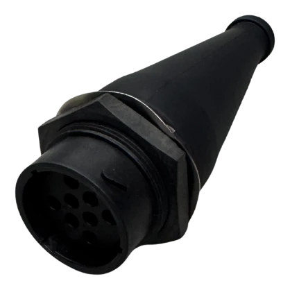 Black moulded rubber boot fitted to an eight-pin male plug, the pin face and its retaining ring at the open end