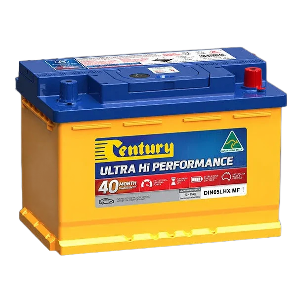 Century DIN65LHX MF Ultra Hi Performance Battery, 12V 760CCA 145 min reserve 77Ah, flooded calcium wet-cell, C polarity, STD standard-post tapered terminals, Australian-made DIN65 Euro passenger-car starter battery