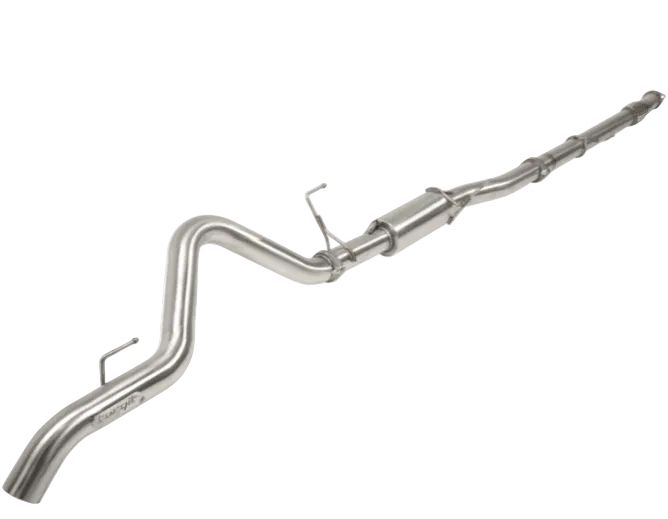 Full stainless DPF-back exhaust system laid out end to end, showing the front pipe, the centre resonator, the flexible joint and the rear tailpipe with its hangers