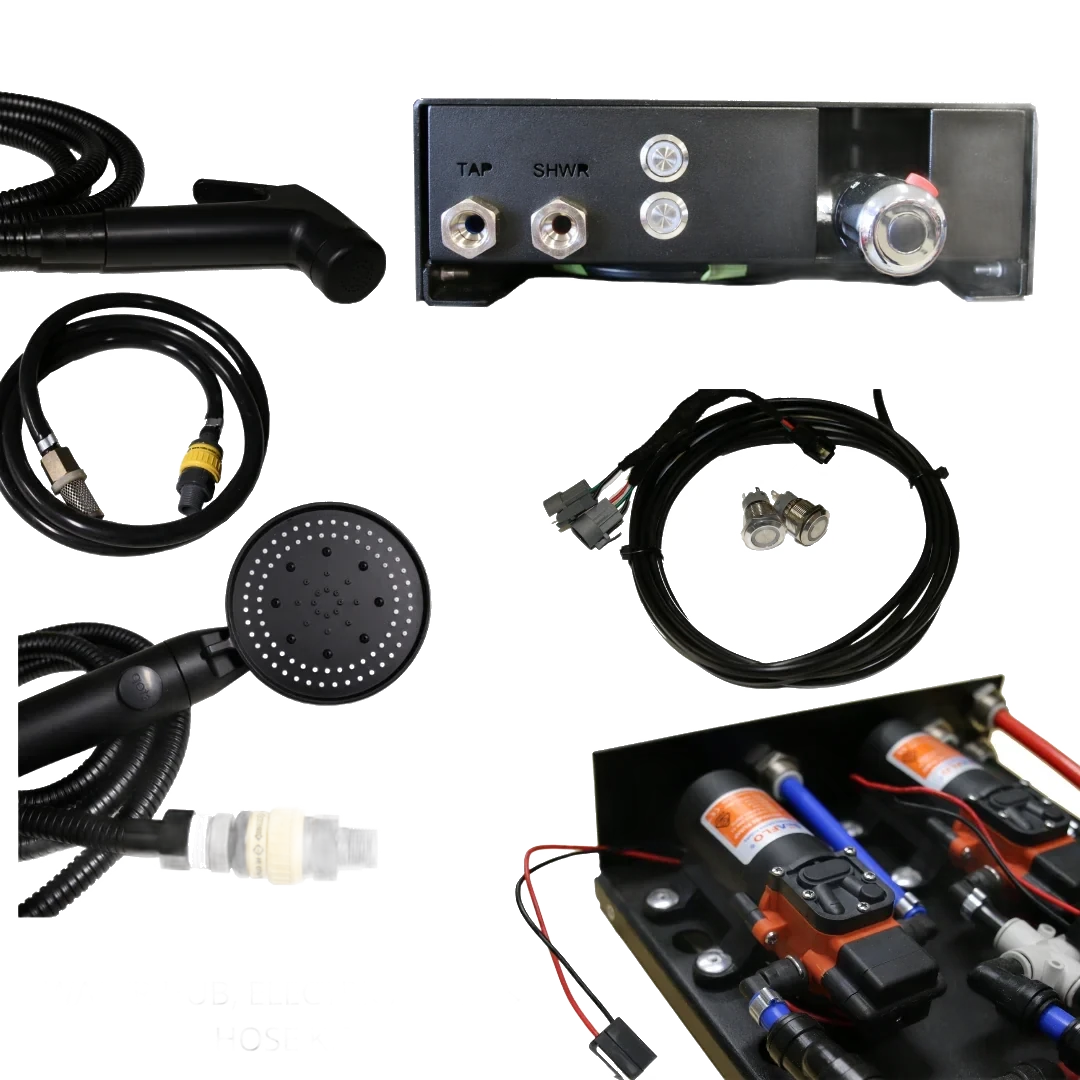 Everything in the Water Hub, electrical kit and hose kit laid out together: the hub itself, a shower hose and rose, a tap outlet hose with quick-connect fitting, the wiring loom with its two illuminated switches, and the hub with the cover off showing the twin pumps inside