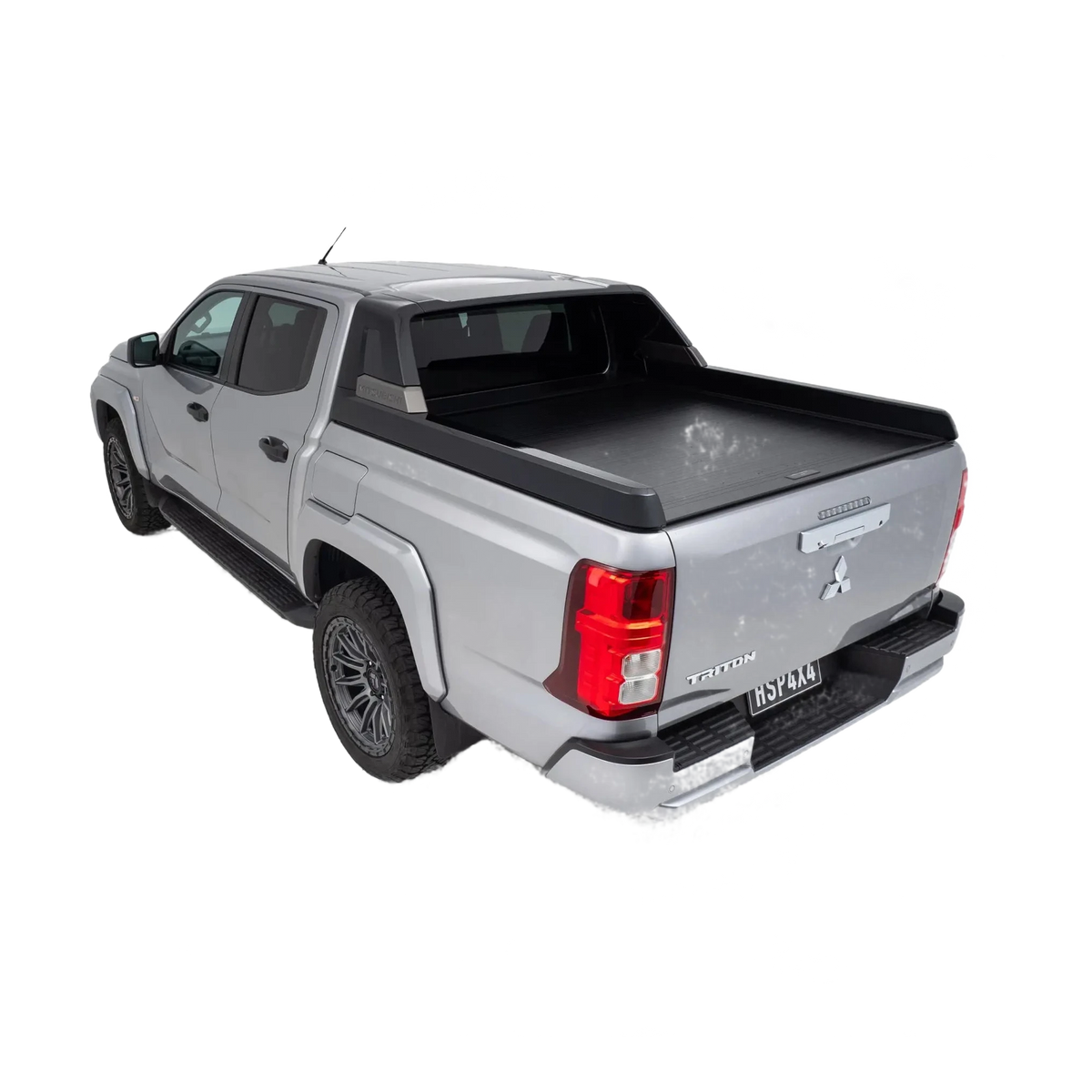 Silver pickup truck with a black tonneau cover on a white background – HSP Electric Roller Cover Mitsubishi Triton MV