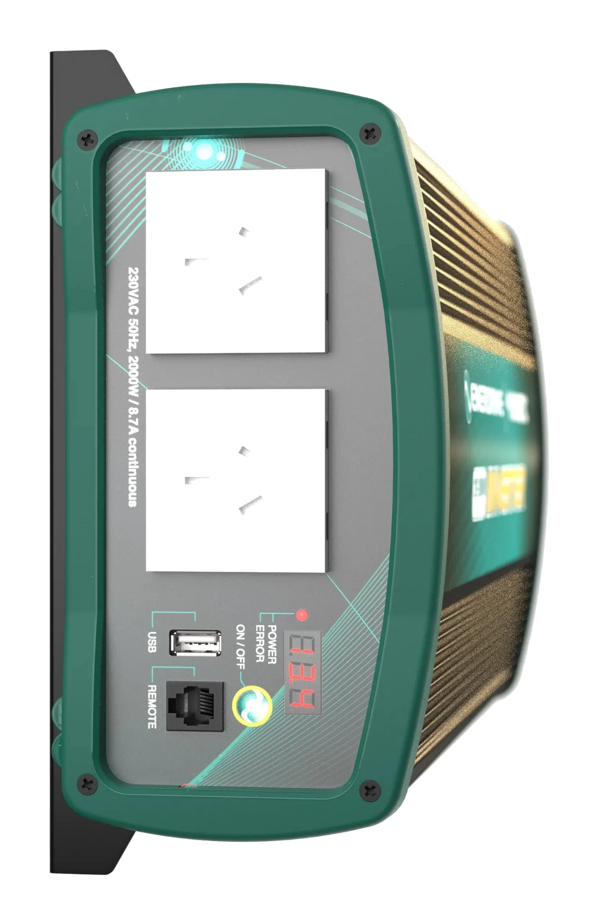 Enerdrive Inverter 2000 Watt 12V & 24V – front panel showing outlets and controls