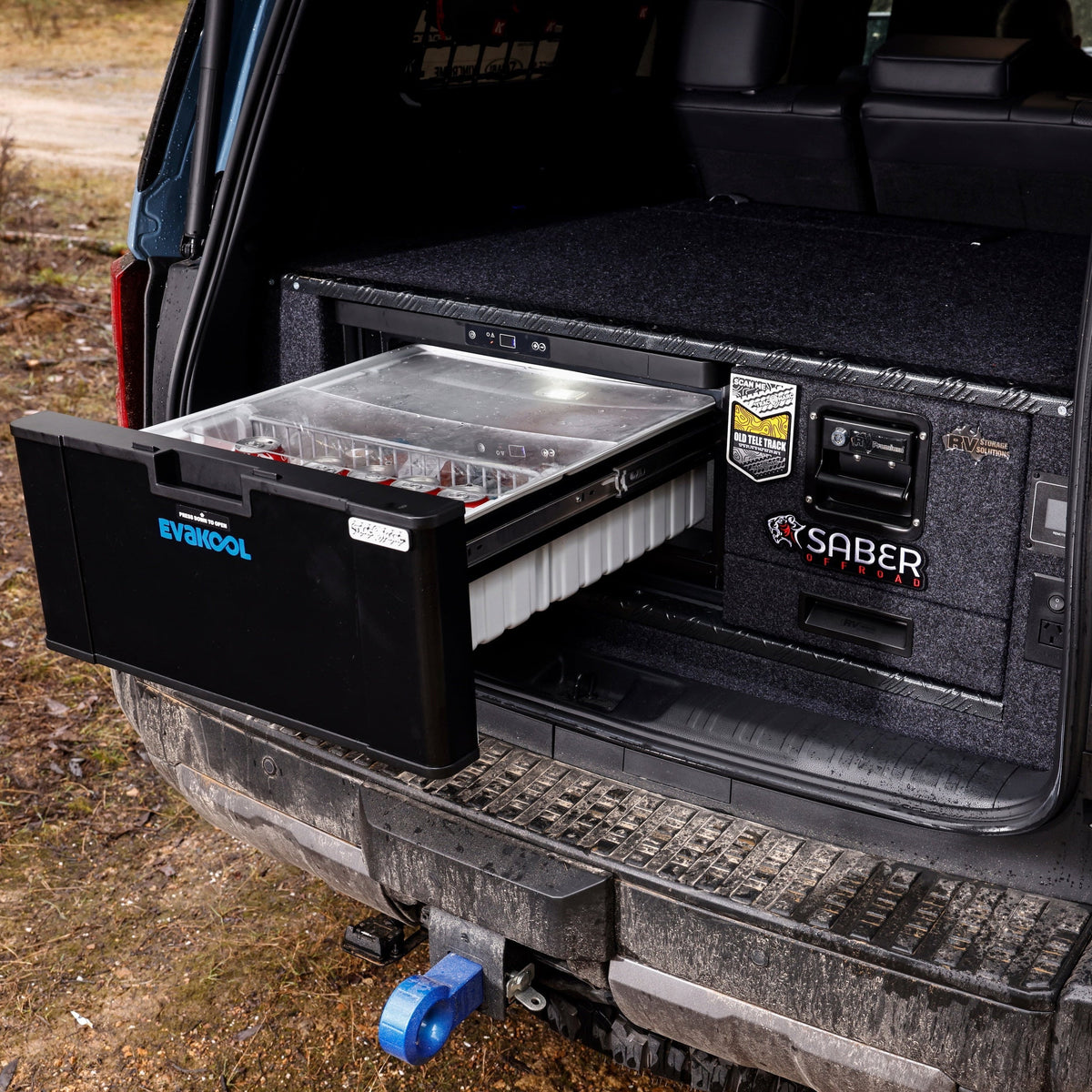 EvaKool 40L Platinum drawer fridge installed in the rear of a Toyota Prado drawer system