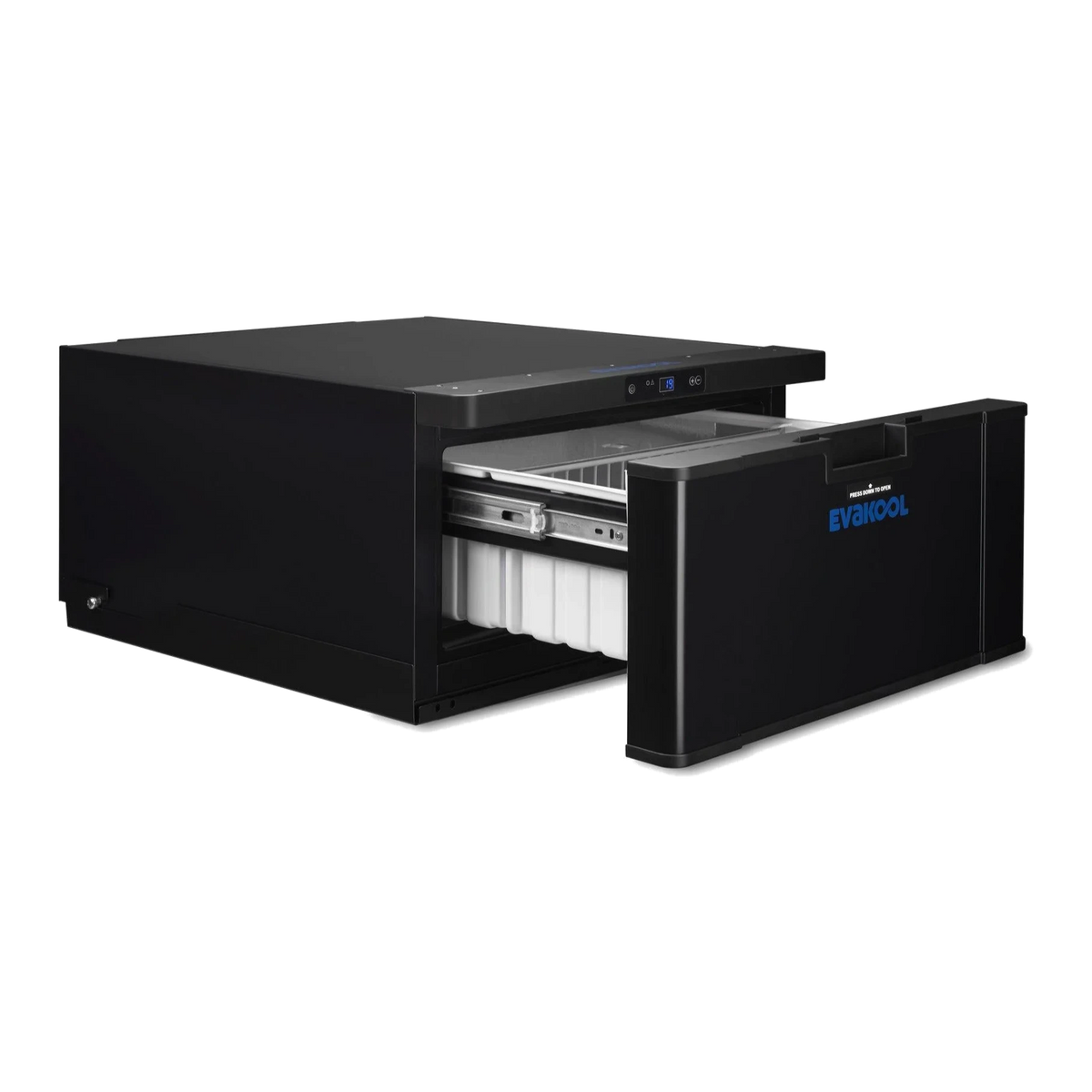 EvaKool 40L Platinum drawer fridge freezer with the drawer slid out on its runners