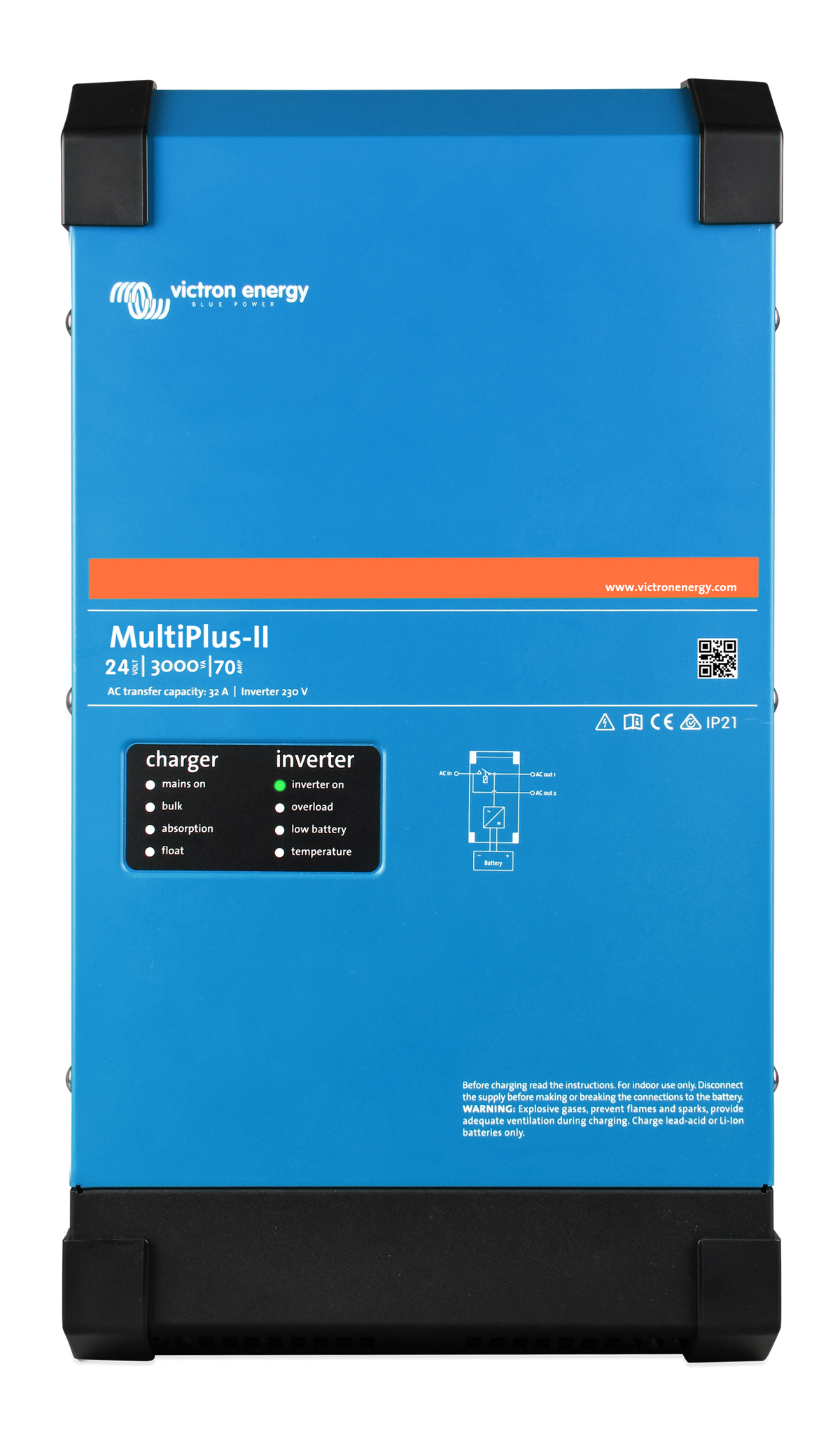 Victron MultiPlus-II 24/3000/70 front view, marked with a 32 A AC transfer capacity