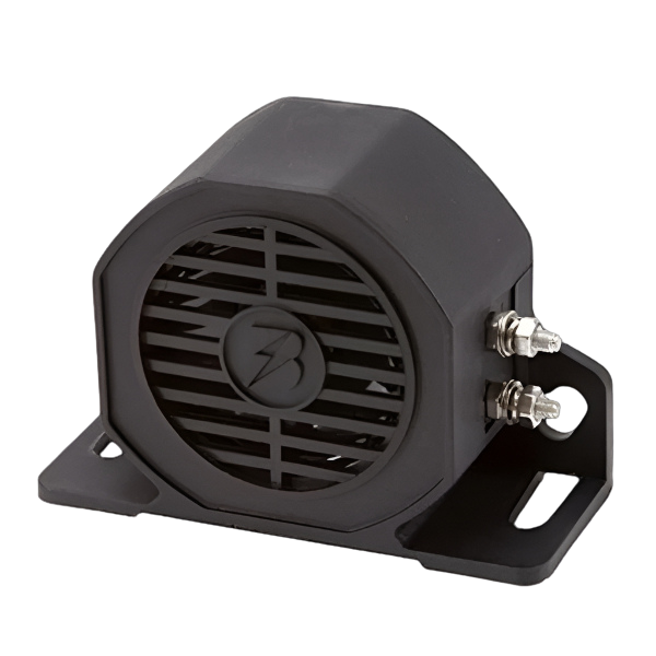 Twin mount reversing alarm, an octagonal black housing with a louvred speaker grille, mounting feet at both ends and two stainless terminal studs on the side bracket